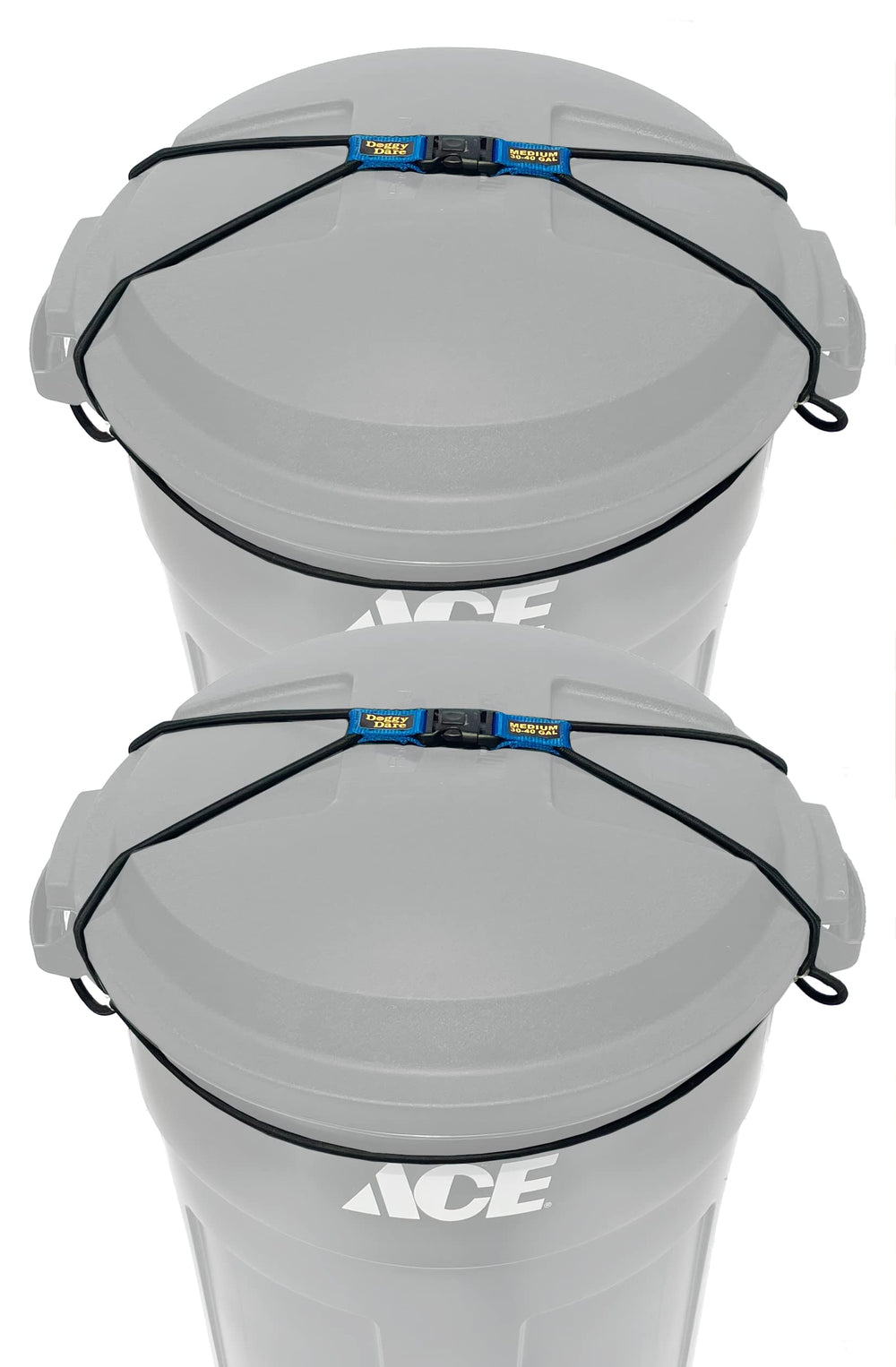 Doggy Dare trash can lock medium with bungee cord keeps pests out at the curb.