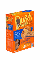 Doggy Delirious peanut butter bone-shaped treats in 16oz box for fun, crave-worthy snacking.