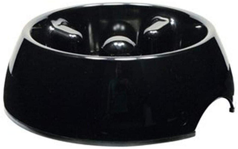 Dogit Go Slow anti-gulping bowl in black, medium, side view aids steady eating.