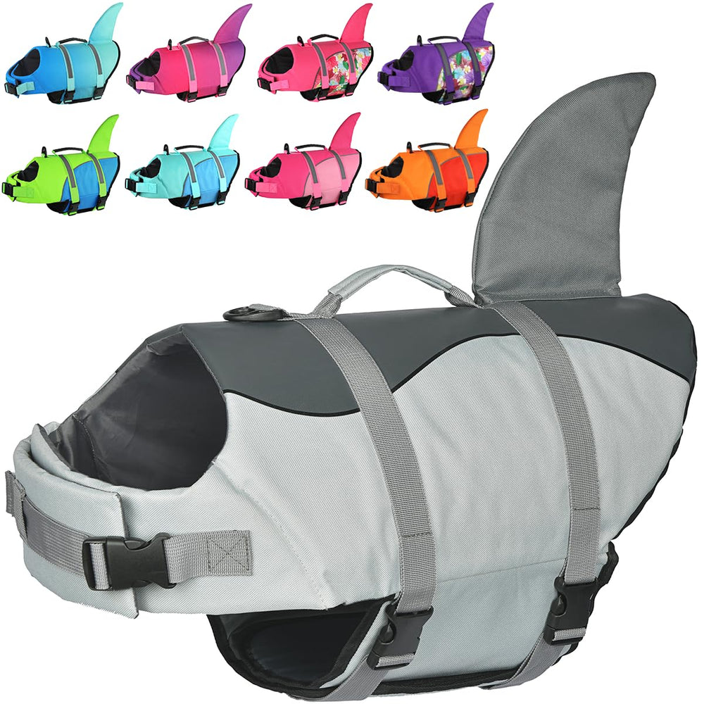 Doglay Dog Life Jacket Shark front view showing buoyant fit for swimming adventures.