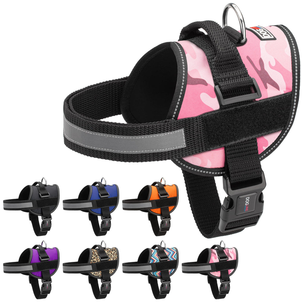 Dogline pink camo harness on a dog for secure daily wear