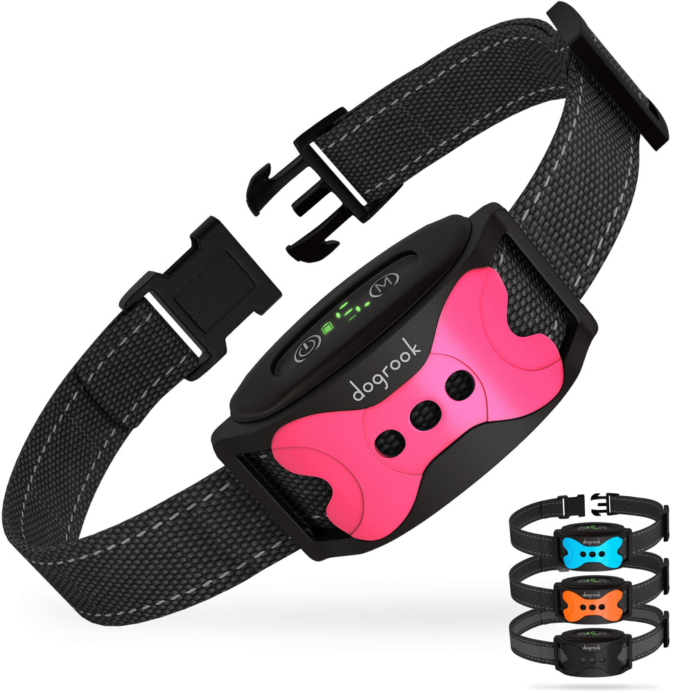 DogRook rechargeable dog bark collar front view showing humane training without shocks for all sizes