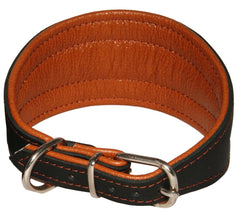 Dogs My Love glossy black leather collar close-up with color stitching for standout outings.