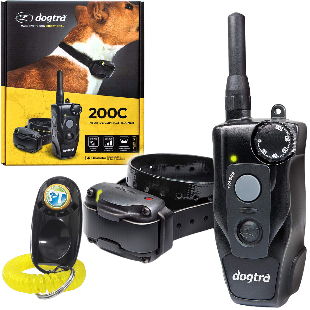 Dogtra 200C remote trainer front view showing handheld control and trainer reach for recall training.