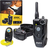 Dogtra 200C remote trainer front view showing handheld control and trainer reach for recall training.