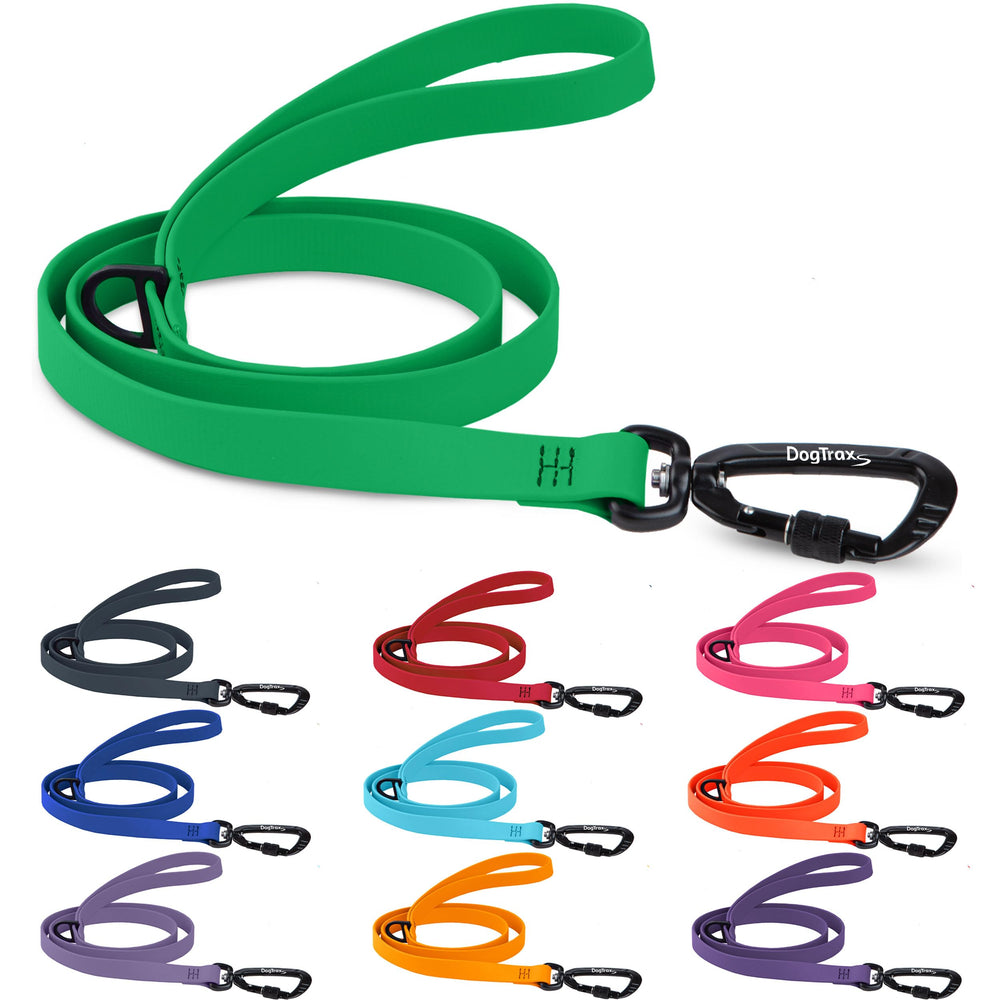 DogTraxs essential biothane leash 5ft green close-up highlighting durable everyday use