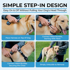 DogTraxs Step in Harness no-pull design reduces tugging while walking.