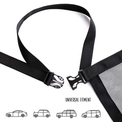 Dogual dog car net barrier installation demonstrates quick setup between headrests.