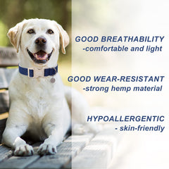 DOGWONG cotton hemp dog collar blue d-ring area enables easy leash connection