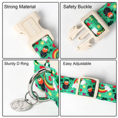 DogWONG Lucky Clover pattern collar—reliable D-ring for tag or leash.