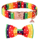 DOGWONG Rainbow Dog Collar with Bow Tie close-up of sturdy welded D-ring for secure leash attachment.