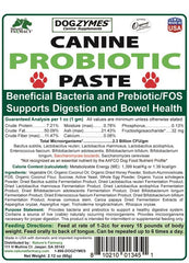 Dogzymes probiotic paste label close-up showing organic ingredients for gut balance.