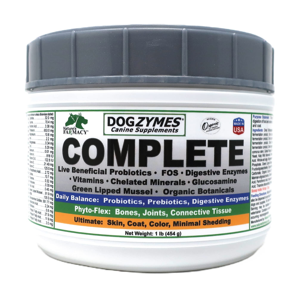 Dogzymes Complete bottle label highlighting digestion-support nutrients.