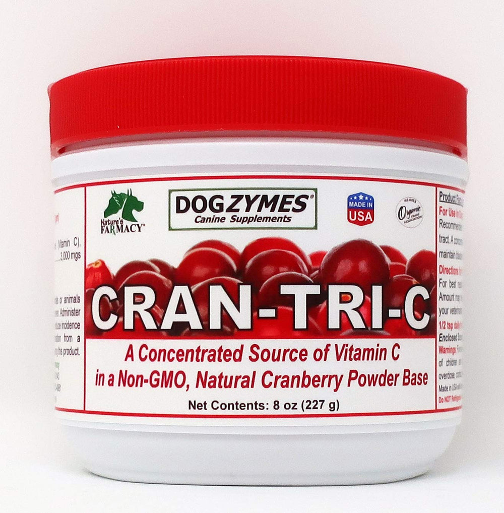 Dogzymes Cran Tri C bottle label highlighting cranberry and vitamin C blend for urinary support