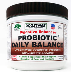 Dogzymes Probiotic Daily Balance bottle highlighting live cultures for intestinal well-being