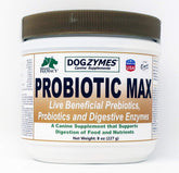 Dogzymes Probiotic Max bottle-front showing jar size and digestive-supporting formula