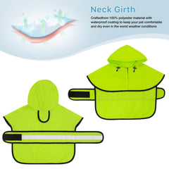 Dolitego hooded dog raincoat demonstrates adjustable neck and belly straps.