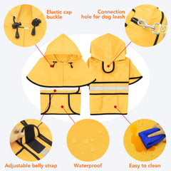 Domagiker adjustable dog raincoat with chest and belly straps.