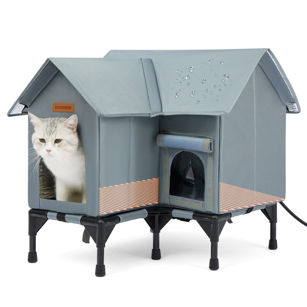 DOOKRON outdoor cat house front view highlights weatherproof exterior for outdoor use