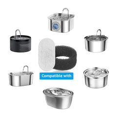 DOOOB cat fountain filter carbon highlights odor removal and improved taste.