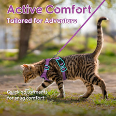 Dooradar cat harness purple reflective-strips shows nighttime visibility for safer walks