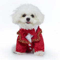 DOTEYAYP dog tuxedo shirt red jacquard close-up, textured elegance for celebrations