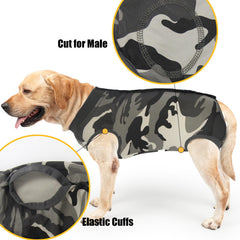 Dotoner dog recovery suit camouflage XXL buttons closeup shows adjustable fit.
