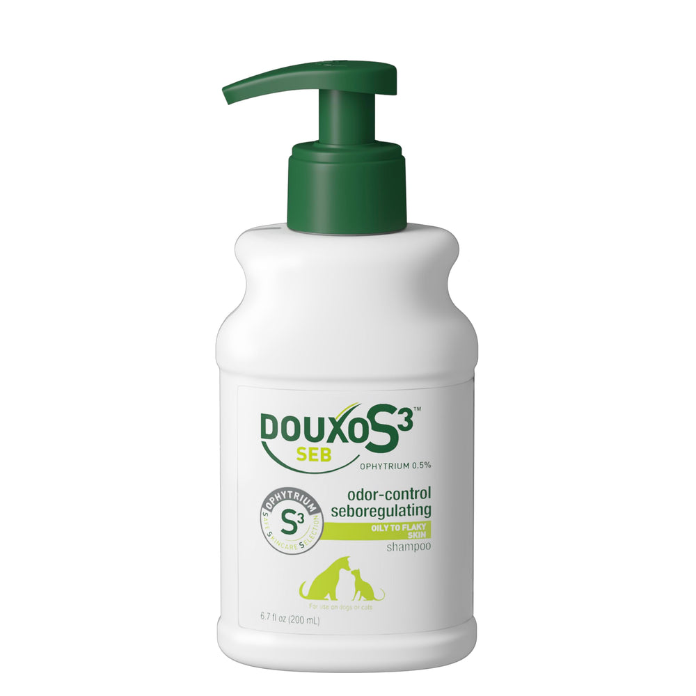 Douxo S3 SEB Shampoo bottle with pump for easy baths and even lather.
