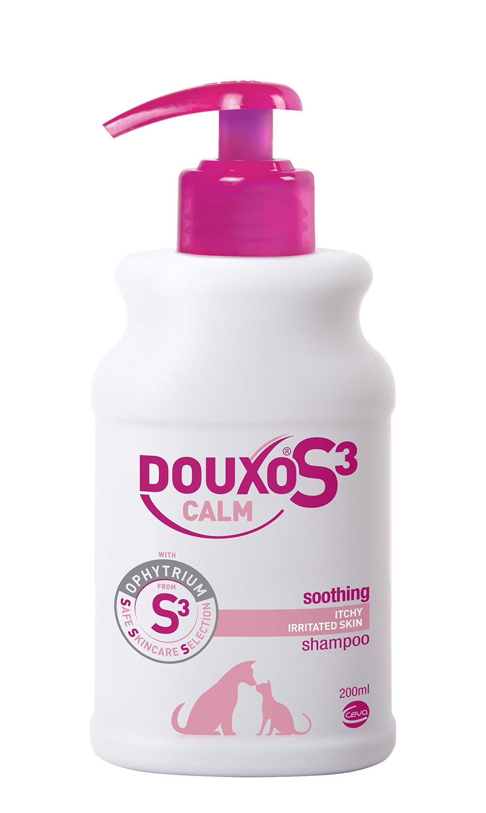 Douxo S3 Calm shampoo bottle emphasizes itchy skin relief and gentle care.