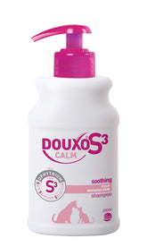 Douxo S3 Calm shampoo bottle emphasizes itchy skin relief and gentle care.