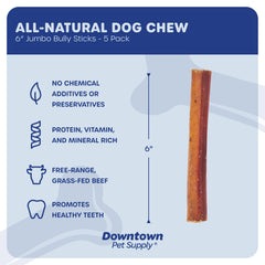Downtown Pet Supply bully stick packaging highlights rawhide-free, single-ingredient beef quality.