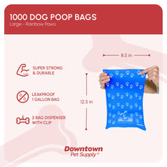 Downtown Pet Supply poop bags showing one-hand tear perforations for quick use.