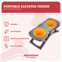Downtown Pet Supply raised dog bowl collapsible design fits in a bag for travel.