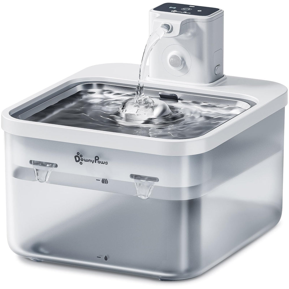 DownyPaws battery-operated cat water fountain front view enabling cordless hydration for pets