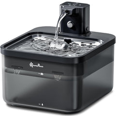 DownyPaws cat water fountain front view shows stainless steel bowl for safe hydration.