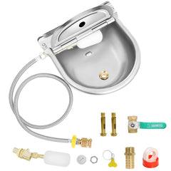 Dpwrrot water bowl front view shows rust-resistant stainless steel for durable farm use.