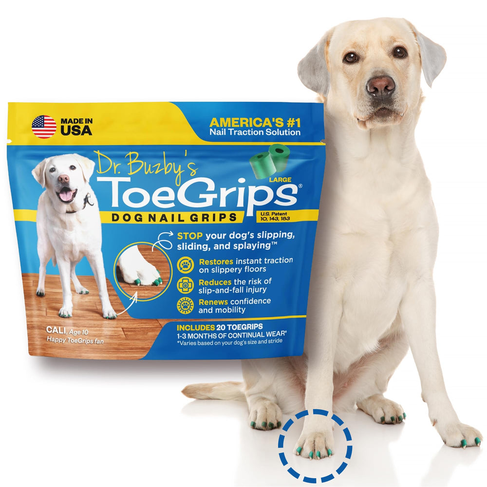 Dr. Buzby's ToeGrips large-pack on dog nails for instant traction.