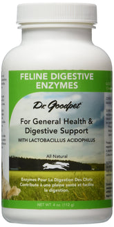 Dr. Goodpet feline digestive enzymes bottle highlights vegan formula for digestive support.