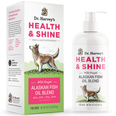 Dr. Harvey's Health & Shine fish oil bottle with pump for easy dosing and coat shine