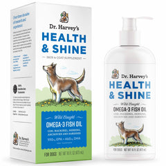 Dr. Harvey’s Health & Shine Omega-3 bottle supports a healthy coat and skin.