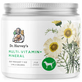 Dr. Harvey's Herbal Multi-Vitamin powder bottle supports daily dog nutrition.