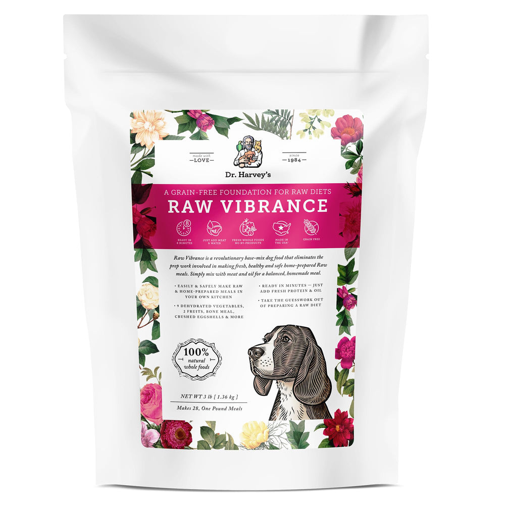 Dr. Harvey's Raw Vibrance bag front — grain-free base mix for complete, nutritious dog meals.