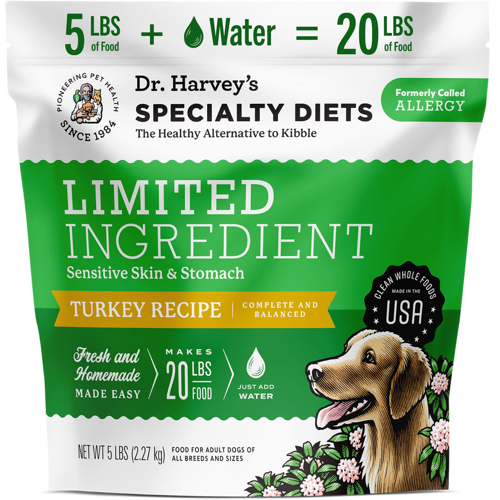 Dr. Harvey's Turkey Recipe dog food bag showing grain-free, limited-ingredient formula.