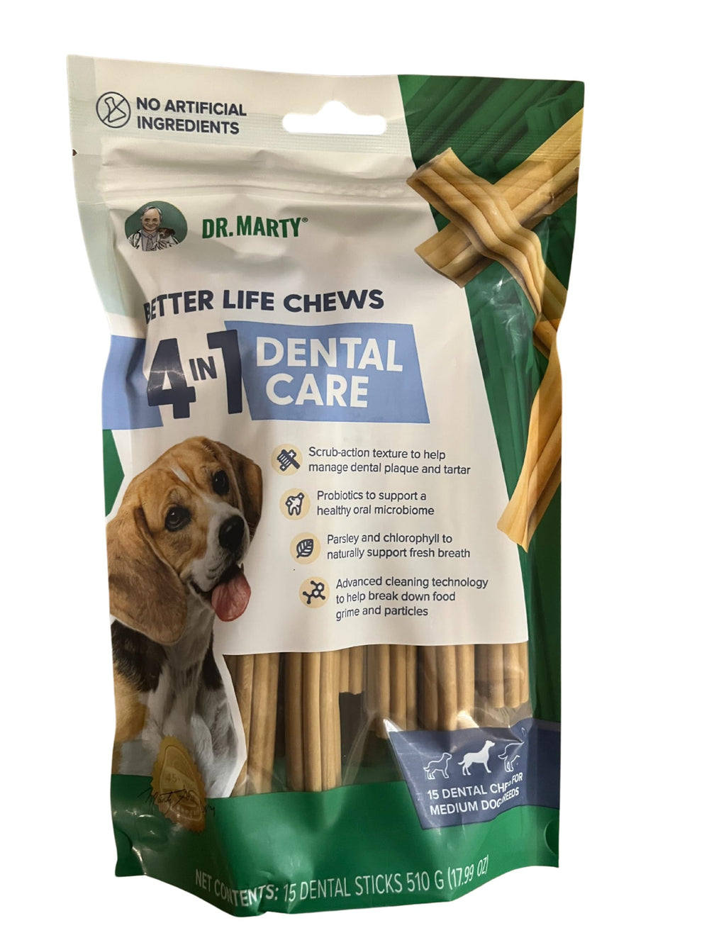 Dr. Marty Dental Treats for Medium Dogs pack shot showcases 15 chews for daily dental care.