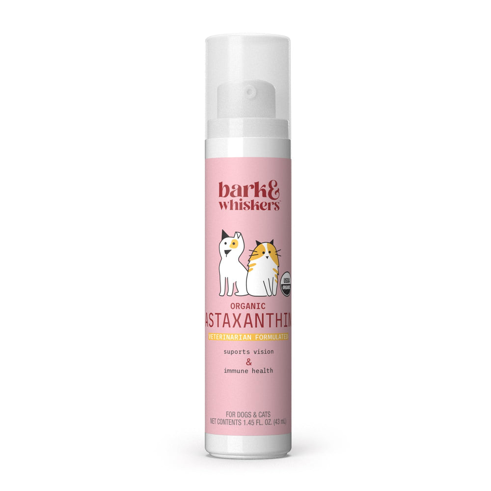 Dr. Mercola astaxanthin liquid pump bottle for pets supports antioxidant wellness.