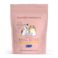 Dr. Mercola Bark and Whiskers Krill Bites bag front showing vet-formulated omega-3 wellness
