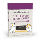 Dr. Mercola Bark & Whiskers packshot highlighting protein-rich beef liver chips for pets.