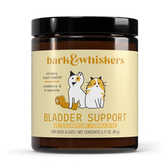 Dr. Mercola Bark & Whiskers bladder support bottle label highlighting urinary health support.