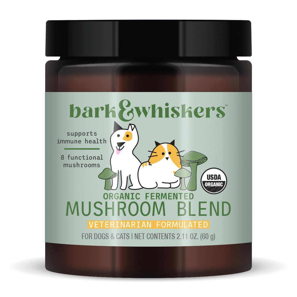 Dr. Mercola Bark & Whiskers bottle foreground for easy daily supplement use.