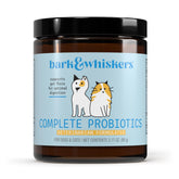 Dr. Mercola Bark & Whiskers complete probiotics tub highlights pet gut health support.